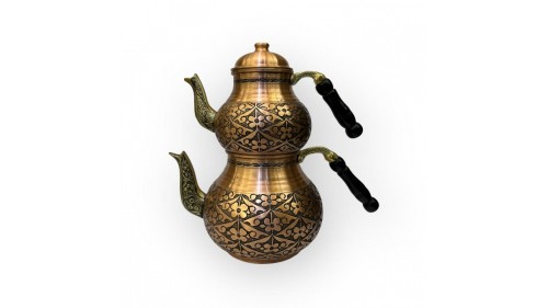 Ağır İşlemeli Papatya Desen Bakır Çaydanlık